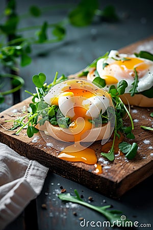 Close-up the runny yolk of a poached egg, the Eggs Benedict recipe, accompanied by a toast and fresh greens for a nutritious twist Stock Photo
