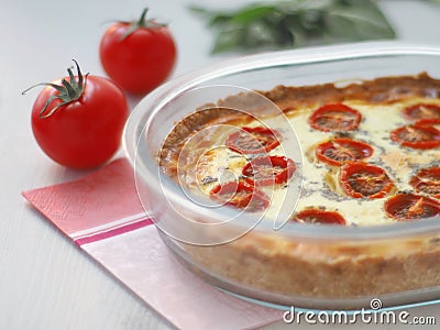 Close up of rustic custard pie with vegetables and cheese. Traditional quiche pastry. Stock Photo