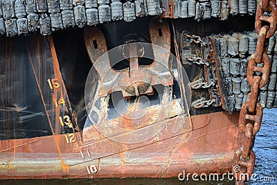 Close Up of Rusty Anchor on a Tug Stock Photo