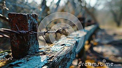 A close up of a rusty barbed wire fence with trees in the background, AI Stock Photo