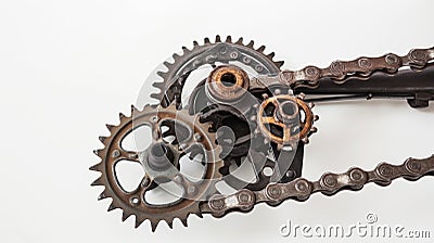 Close-up of rusty bicycle gears and chain on white background. The image emphasizes the aged and worn condition of the Stock Photo