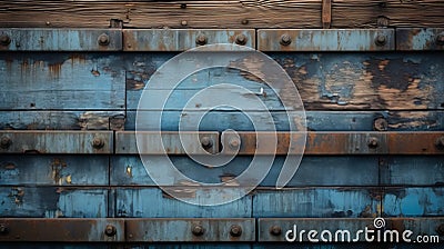 a close up of a rusty blue wall with rivets on it Stock Photo