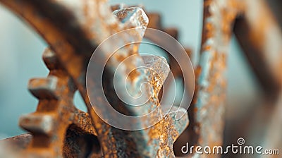 Close-up of rusty gears interlocking. The image captures the texture and detail of the corroded metal, highlighting the Stock Photo