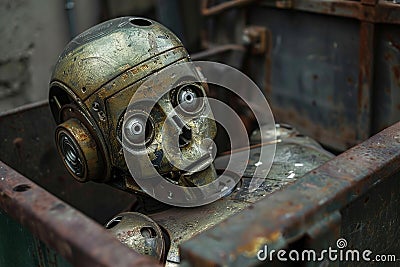 Old rusty robot lying down and waiting in a junkyard Stock Photo