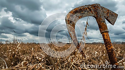 Close up of a rusty scythe forgotten in a withered field under a stormy sky secrets untold Stock Photo