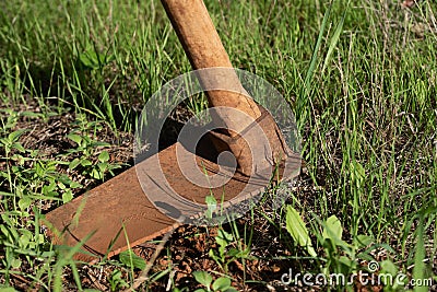 Close up of a rusty spade resting on a lawn in the garden. The earth is red. The handle is made of wood Stock Photo