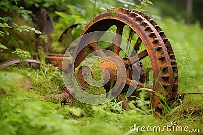 close-up of rusty tractor wheel in overgrown grass Stock Photo