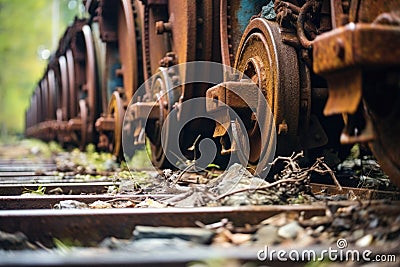 close-up of rusty train wheels off the tracks Stock Photo