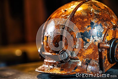 close-up of a rusty vintage firefighter helmet Stock Photo
