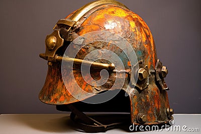 close-up of a rusty vintage firefighter helmet Stock Photo