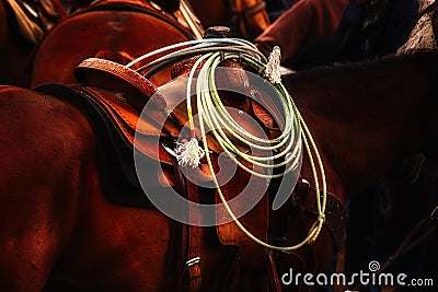 Close up of saddle and rope Stock Photo