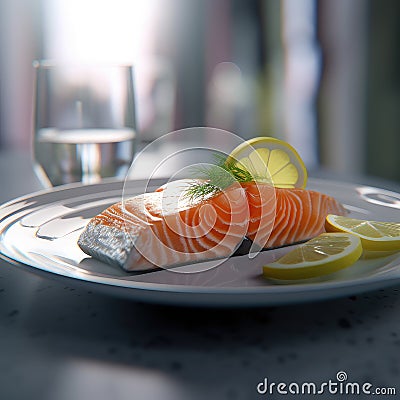 Close up salmon in the plate.Slices of Raw Salmon Fillet on Black Plate Background. Cartoon Illustration