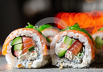 Close up of salmon roll sushi on table Stock Photo