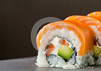 Close up of salmon roll sushi on table Stock Photo