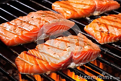 close-up of a salmon steaks grill marks Stock Photo