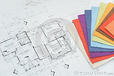 Sample of fabric and architectural drawing paper Stock Photo