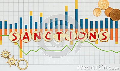 Close-up of sanctions word collected with wooden cubes in row. International sanctions Stock Photo