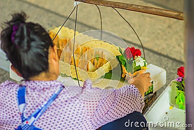 Close up sandwich and flower vendor, selling on the sky walkway Editorial Stock Photo