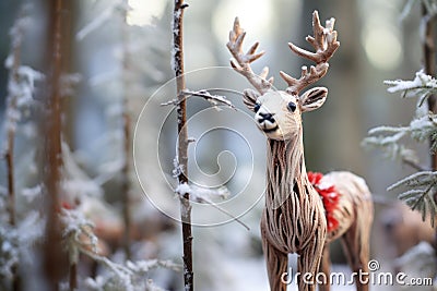 close-up of santas reindeer figure with a decorated tree in the background Stock Photo