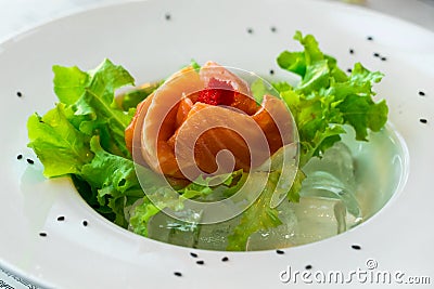Close up sashimi salmon with vegetables Stock Photo