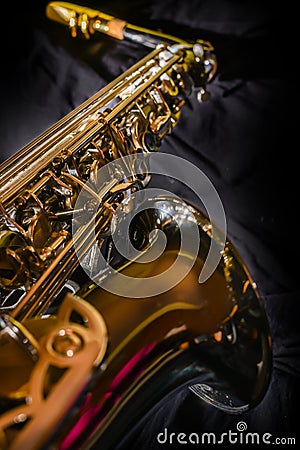 Close up Saxophone jazz instrument, Alto saxophone on black background. Stock Photo