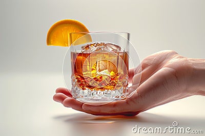 Close-up of a Sazerac cocktail in hand with a white backdrop Stock Photo