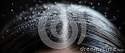 Close-up of scalp with dandruff on dark background. Generative ai. Cartoon Illustration