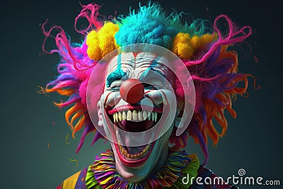 Close up of scary smiling clown in multi coloured wig, created using generative ai technology Stock Photo