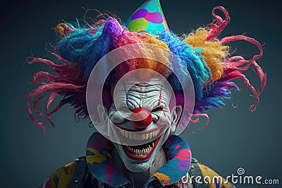 Close up of scary smiling clown in multi coloured wig, created using generative ai technology Stock Photo