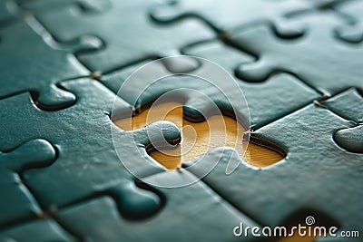 Close-up of scattered puzzle pieces on a table, concept of problem-solving, challenge, and complexity Stock Photo