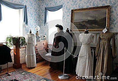 Close up scene of fashion and furniture inside historic Van Horn Mansion, Burt, New York, 2018 Editorial Stock Photo