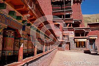 CLOSE UP: Scenic view of a large red buddhist building in Sakya monastery. Editorial Stock Photo