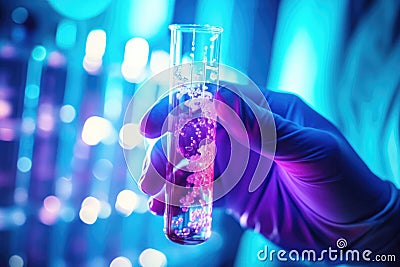 close-up scientist hand holding a test tube and flask, vibrant chemical reactions in the background Stock Photo