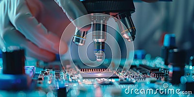 a scientist examining a microchip for brain implantation under a microscope created with Generative AI technology Stock Photo