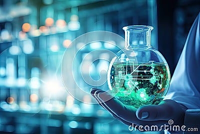 Close up of scientist hand holding flask with green glowing network hologram, hand of scientist holding flask with lab glassware Stock Photo