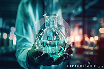 Close up of scientist holding flask with green liquid in laboratory. Mixed media, hand of scientist holding flask with lab Stock Photo