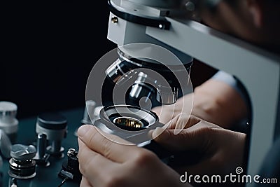 close up of scientist looking through microscope in laboratory, science research concept,Doctor using a microscope with a metal Stock Photo