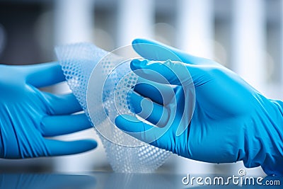 Close up scientist male female hands medical gloves in protective uniform nanotechnology fiber microbiology material Stock Photo