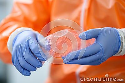 Close up scientist male female hands medical gloves in protective uniform nanotechnology fiber microbiology material Stock Photo