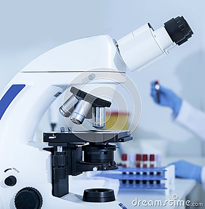 Close up of scientist microscope ready for examining samples Stock Photo