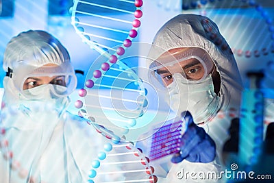 Close up of scientists making test in chemical lab Stock Photo