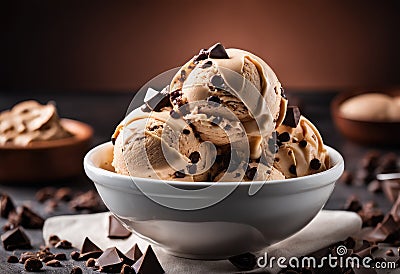 A close-up of a scoop of chocolate chip ice cream with chocolate chips on top. Stock Photo