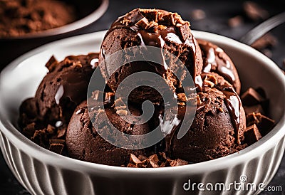 A close-up of a scoop of chocolate fudge brownie ice cream with chunks of brownie on top. Stock Photo