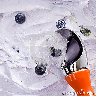 Close Up of Scoop Serving Blueberry Ice Cream Stock Photo