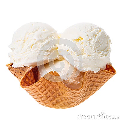 close up of scoops vanilla ice cream in waffle cone bowl isolated on white Stock Photo