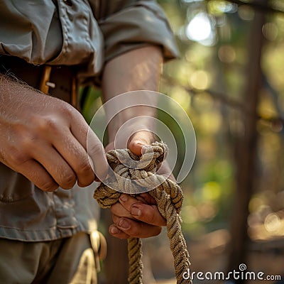 Close-up of a scout& x27;s hands tying a knot in the wilderness Stock Photo