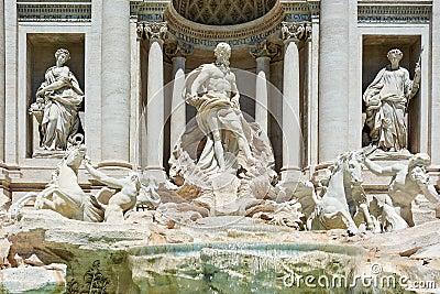 A close up of the sculptures at the front of the Trevi Fountain in Rome, Italy Editorial Stock Photo
