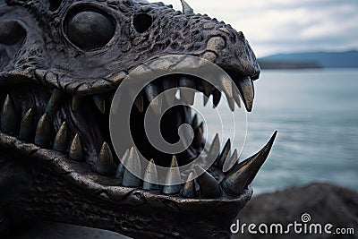 close-up of sea monster's toothless jaws, with view of the open ocean in the background Stock Photo