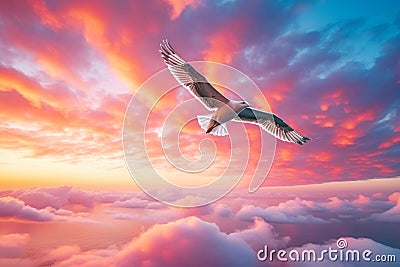 Close-up of a seagull flying high in orange and pink sunset sky. Generative AI Stock Photo