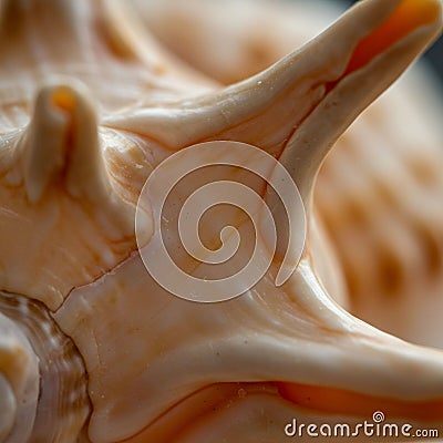 Close-up of a seashell surface featuring smooth, flowing ridges and sharp, pointed Stock Photo